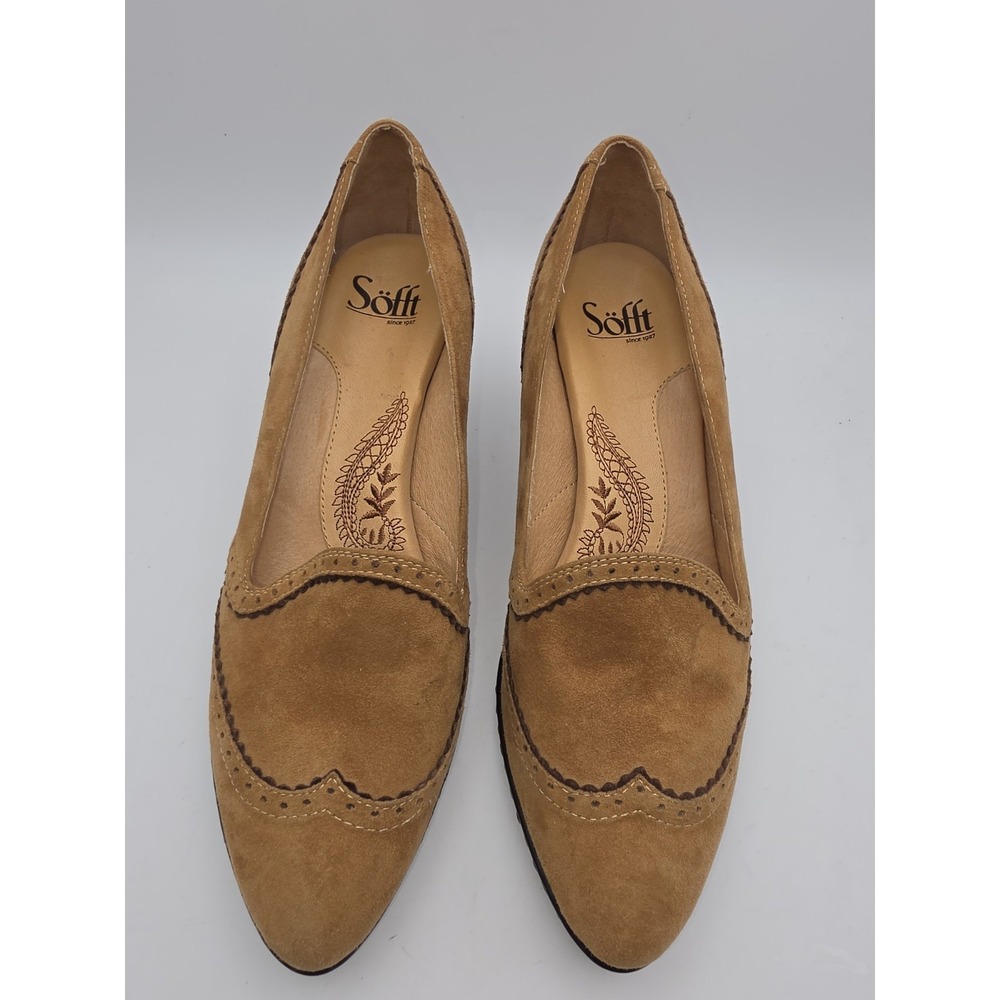 Söfft Nevara Caramel Suede Wingtip Heeled Loafers Size 9 Cottage Core